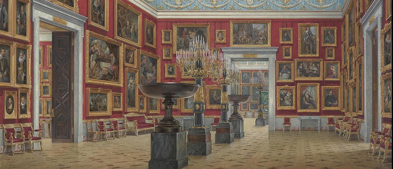 Обложка: Эдуард Гау (1807–1887). Зал картин фламандской школы в Новом Эрмитаже (1854). 