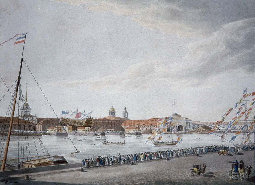 «Спуск корабля на Неве». Акварель Федора Шенрока. 1819. Правообладатель: Государственный Русский музей. «Спуск корабля на Неве». Акварель Федора Шенрока. 1819. Правообладатель: Государственный Русский музей.