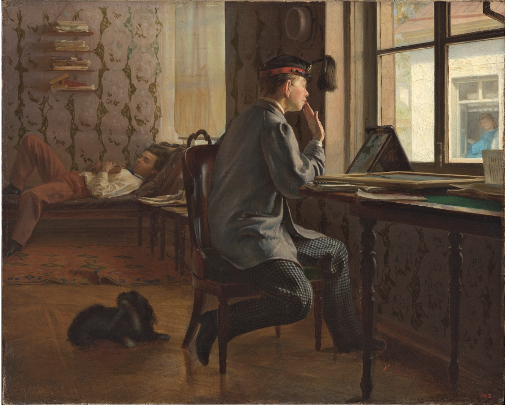 Илья Репин «Приготовление к экзамену | Воздушный поцелуй» (1864 г.). Фото: rusmuseumvrm.ru. Правообладатель: Государственный Русский музей. И. Е. Репин. «Приготовление к экзамену» (1864). Фото: rusmuseumvrm.ru