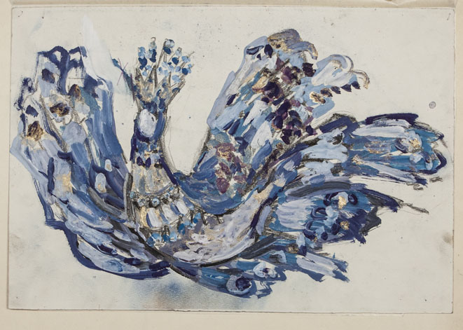 Художница Софья Марковна Юнович. Эскиз фрагмента оформления к опере «Сказание о невидимом граде Китеже и деве Февронии» Николая Римского-Корсакова. Птица Сирин. СССР, Ленинград, 1958. Государственный академический театр оперы и балета им. С. М. Кирова. Фото: пресс-служба музея театрального и музыкального искусства. 