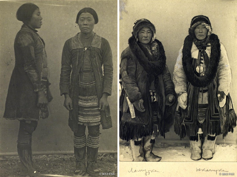 Россия, Якутия (Саха), конец XIX в. collection.kunstkamera.ru Слева: Молодые мужчины в традиционных костюмах (фас, профиль). Юкагиры. Справа: Жена и сестра князца первого Алазейского юкагирского рода (слева - ламутка, справа - юкагирка). Юкагиры, ламуты.