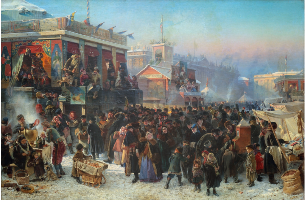  Константин Маковский. «Народное гулянье во время масленицы на Адмиралтейской площади в Петербурге» (1869). Правообладатель: Государственный Русский музей, rusmuseumvrm.ru.