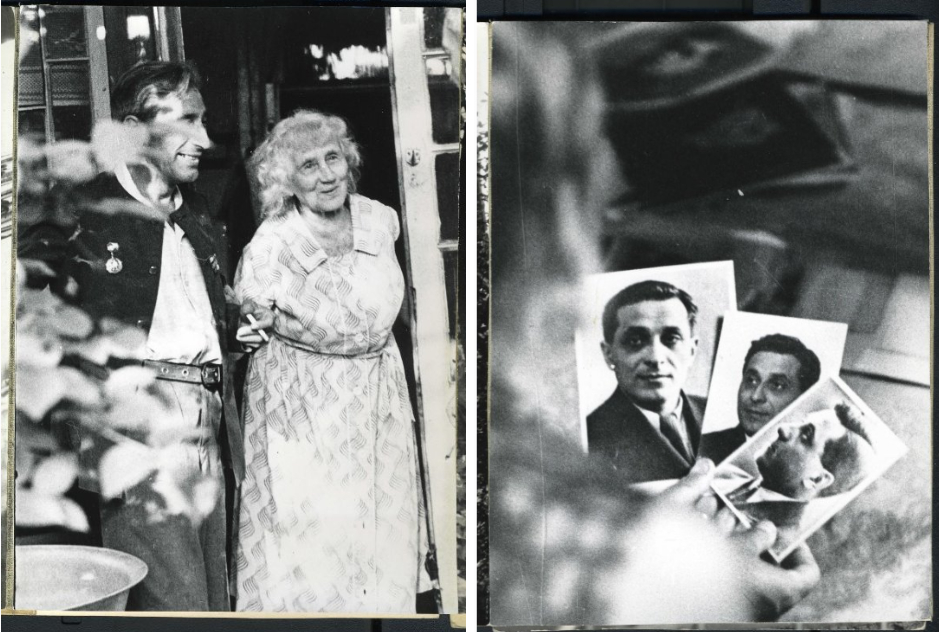 Вера Владимировна (жена) и Валерий Михайлович Зощенко (сын) на даче. Справа на фото Вера держит в руках портреты мужа. Правообладатель: Государственный литературный музей «ХХ век», goskatalog.ru.