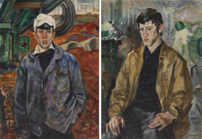 Слева: экскаваторщик КамАЗа Загит Сабиров. Справа: Виктор Маслюков. Серии «Строители КамАЗа». Правообладатель: Пермская государственная художественная галерея.