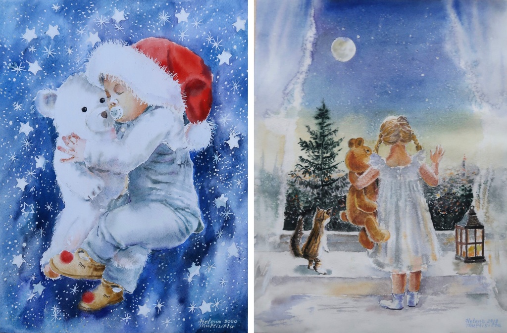 Елена Мултисилта. Слева: «Первый Новый год» (2020). Справа: «Ожидание Нового года» (2019). Фото: пресс-служба СПБ СХ. 