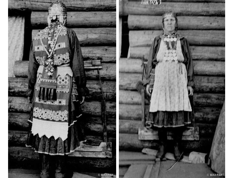 Слева: Колхозница О. П. Абсалямова в старинной одежде и украшениях. Чуваши. Россия, Чувашия (дер. Новая Шемурша). 1957 Справа: Колхозница Е. Д. Тенюкова в старинном костюме. Чуваши. Россия, Чувашия. 1957 (с) сollection.kunstkamera.ru