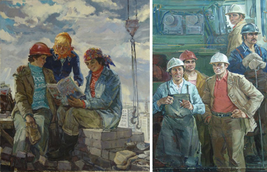 Слева: «Новый журнал. Каменщицы "КАМАЗа"». Справа: «Резчики металла завода "КАМАЗ"». В частных коллекциях.