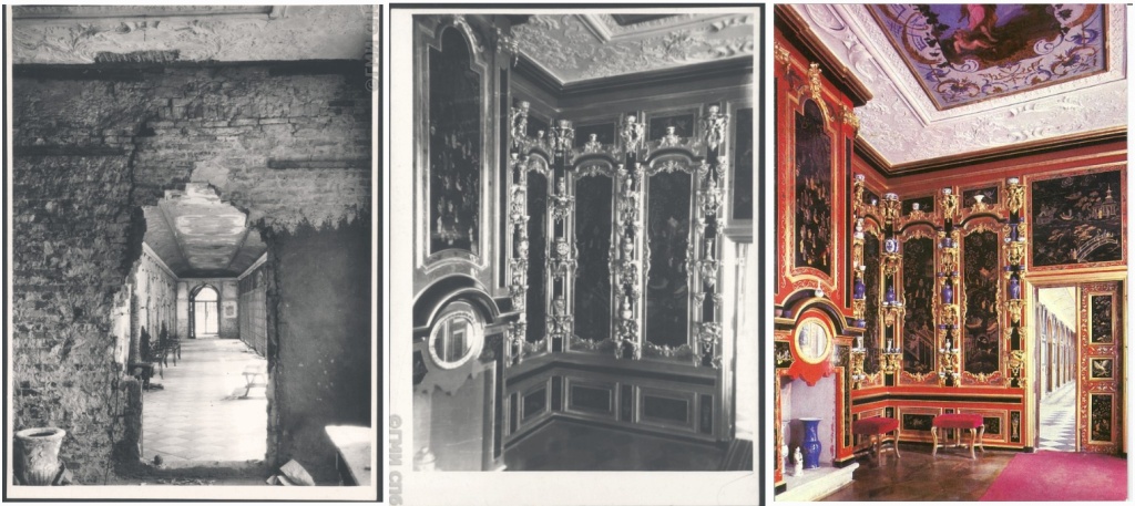 Первая фотография: Лаковый кабинет, разрушенный во время войны. Вторая фотография: Лаковый кабинет после реставрации. Третья фотография: Лаковый кабинет (открытка Бориса Манушина). Фото: ГМИ СПБ / goskatalog.ru 