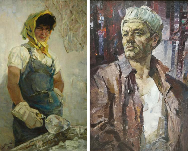 Ефим Симбирин. Портреты камазовцев Хаяны Аюповой и бригадира монтажников Коноваленко. Правообладатель: Государственный музей изобразительных искусств Республики Татарстан.