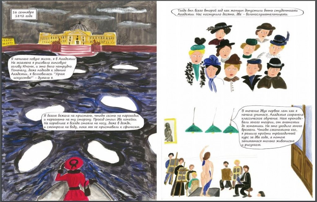Разворот про поступление Анны Остроумовой-Лебедевой в Академию Художеств