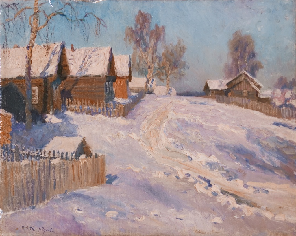Зима в деревне. Автор: Николай Чуков. Фотография картины из личного архива автора.