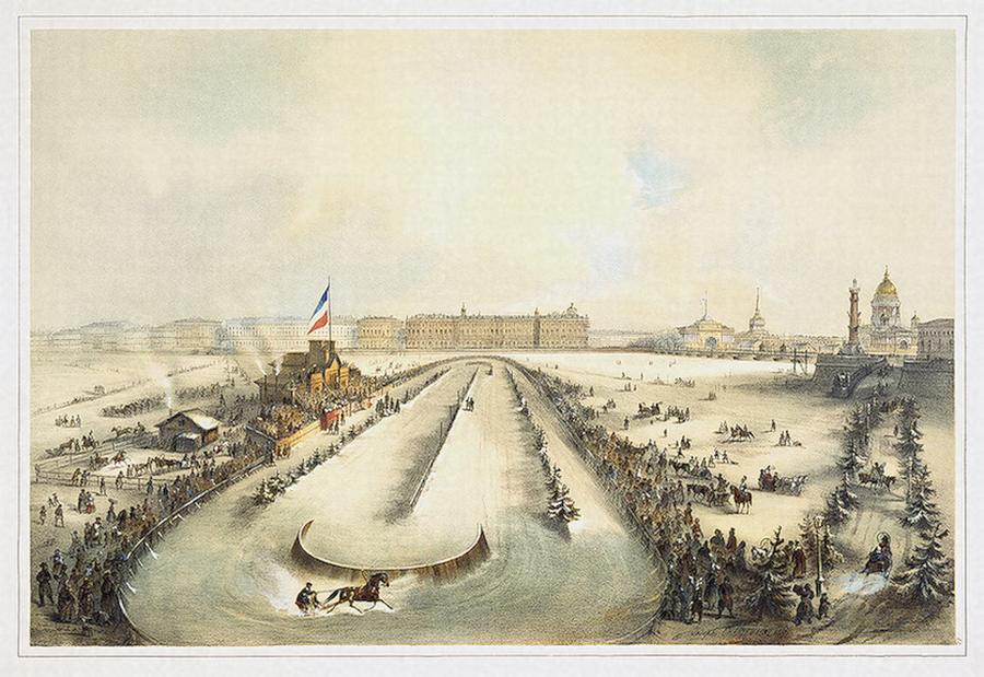 Бега на Неве. 1859. По оригиналу Шарлеманя. Правообладатель: Государственный Эрмитаж.