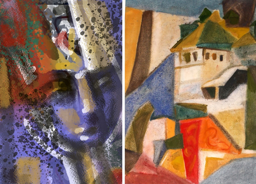 Илларион Коньков. Слева: «Снежная королева» (2023). Справа: «Узоры Гороховца» (2016). Фото: пресс-служба СПБ СХ.