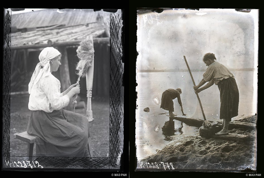 А. А. Беликов. Россия, Карелия республика, Олонецкий р-он. 1927. Справа: Девушка за прядением. Слева: Девушка за полосканием белья в корыте "хумбар" 