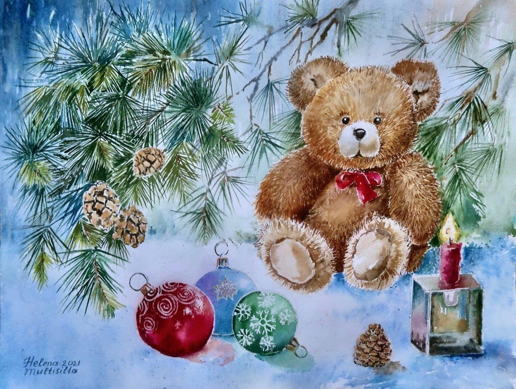 Елена Мултисилта. «Новогодний натюрморт с мишкой» (2021). Елена Мултисилта. «Письмо Деду Морозу» (2018). Фото: пресс-служба СПБ СХ.