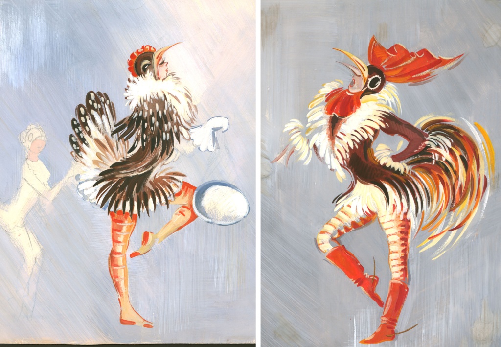 Художница Татьяна Георгиевна Бруни. Эскизы костюма Курицы (слева) костюма Петуха (справа) к балету «Доктор Айболит» Игоря Морозова. СССР, Ленинград, 1948. Ленинградский государственный академический Малый оперный театр. Фото: пресс-служба музея театрального и музыкального искусства. 