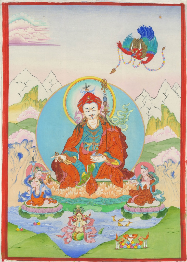 Лариса Рожнова «Гуру Римпоче и его супруги Мандарава и Еше Цогьял, Нагараджа (король нагов) и Гаруда» (2024). Из личного архива автора.