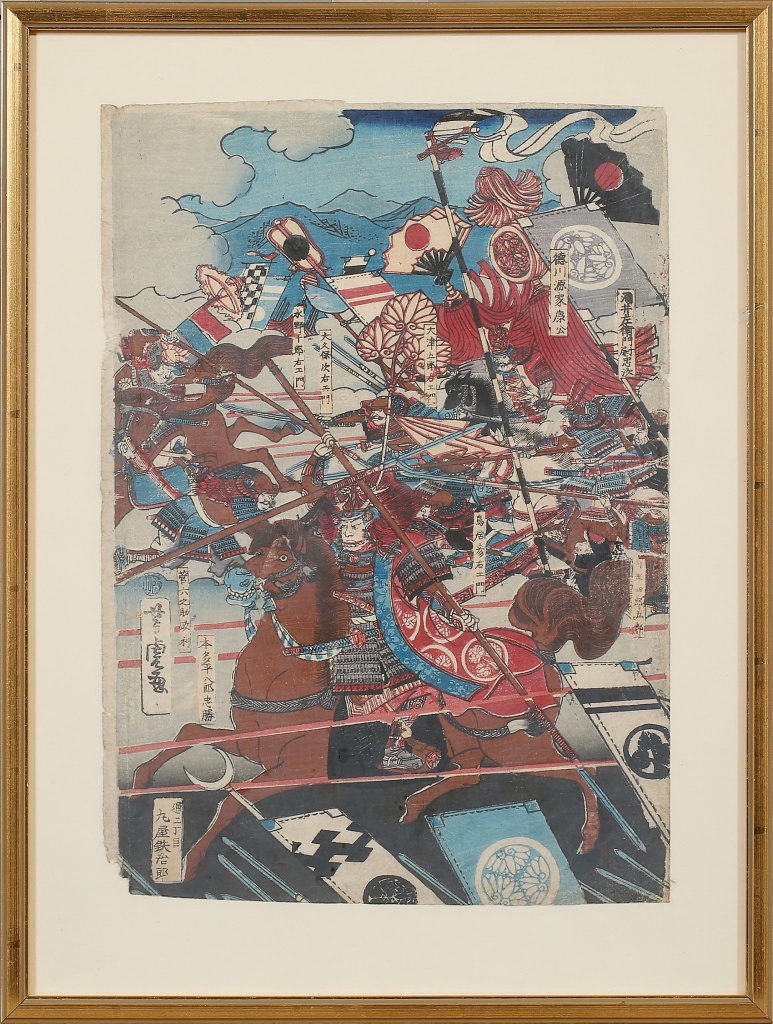 Утагава Ешитора. Сцена поединка Като Киёмасы с Тёсокабэ Нобутикой. Часть диптиха. Цветная ксилография. Вторая половина XIX века.