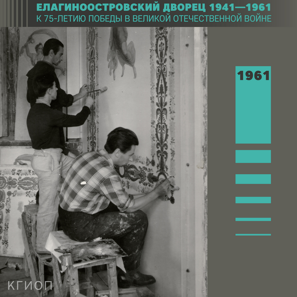 Бригада художников за работой – воссоздание живописи. На переднем плане: И. И. Пиккиев, Л. А. Любимов, руководитель воссоздания живописи, Э. В. Ермолин. 1961 г. ЕОДМ