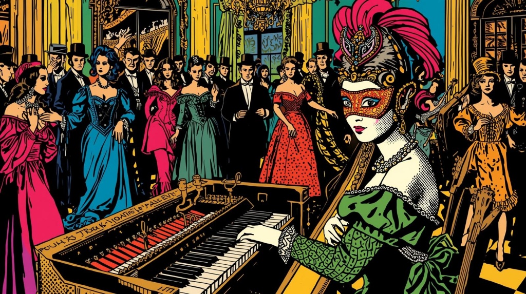 Княгиня Дашкова в маскарадной маске играет на старинном клавесине. Правообладатель: пресс-служба музея «Нарвская застава».