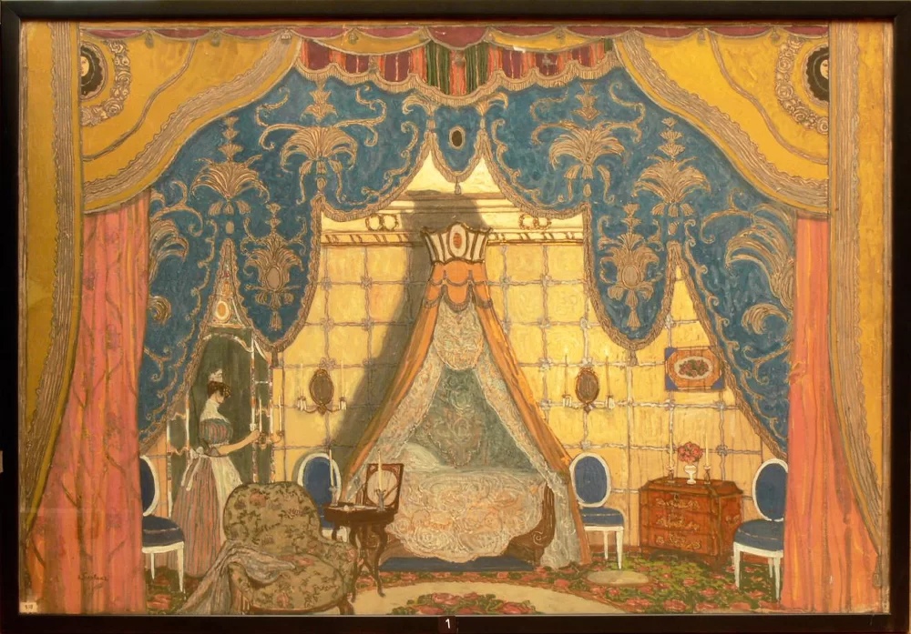 Александр Головин. Эскиз декорации. Спальня Нины. Фото: музей имени А. А. Бахрушина, bakhrushinmuseum.ru.