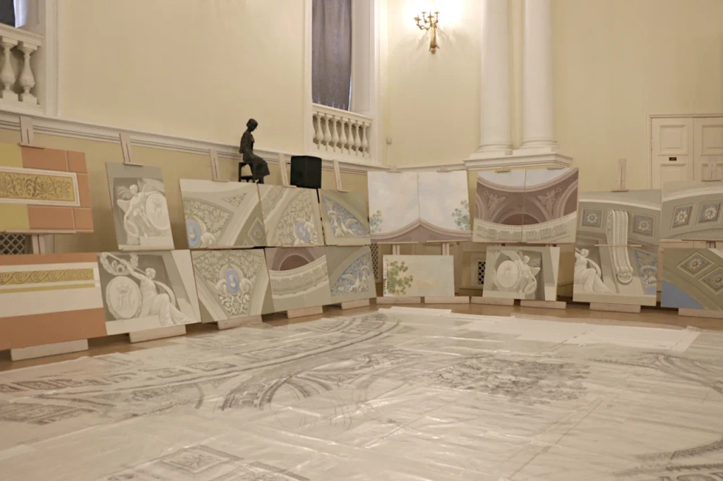 Художники-реставраторы компании «Наследие» выполнили в натуральную величину проект воссоздания этого произведения монументальной живописи — картоны и цветовые эталоны.