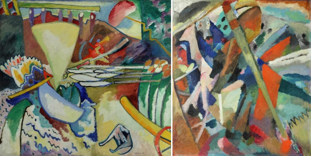 Слева: «Импровизация 11», 1910 г. Справа: «Святой Георгий (II)» 1911 г. Фото: Русский музей. 