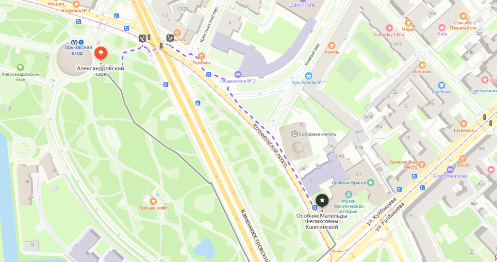 Пешком до Музея политической истории России от ст. м. Горьковская. Скриншот яндекс карты. 