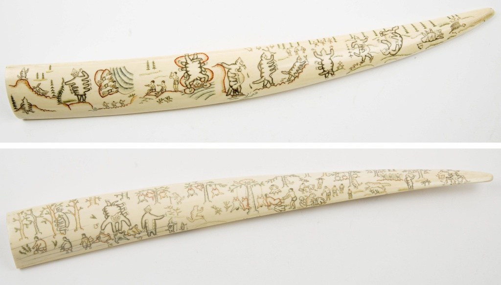 Клык моржа в РЭМе украшен гравированным рисунком с популярным сюжетом из чукотской сказки «Келе и девушки». Фото: РЭМ, vk.com/ethnomuseum.