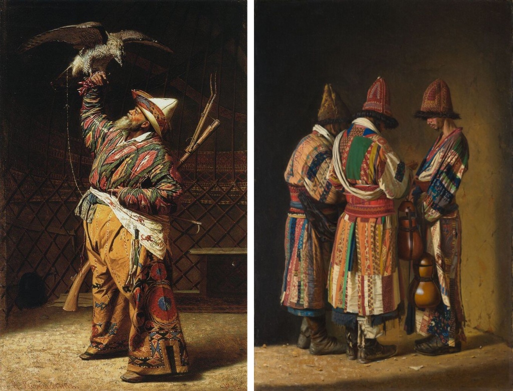 Слева: Богатый киргизский охотник с соколом. Справа: Ташкент. Дервиши в праздничных нарядах во время праздничного праздника. Правообладатель: Государственная Третьяковская галерея.