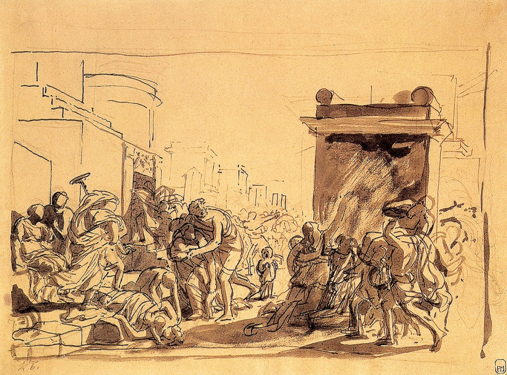 Брюллов К.П. Последний день Помпеи. Эскиз. 1927-1828. Бумага, сепия.