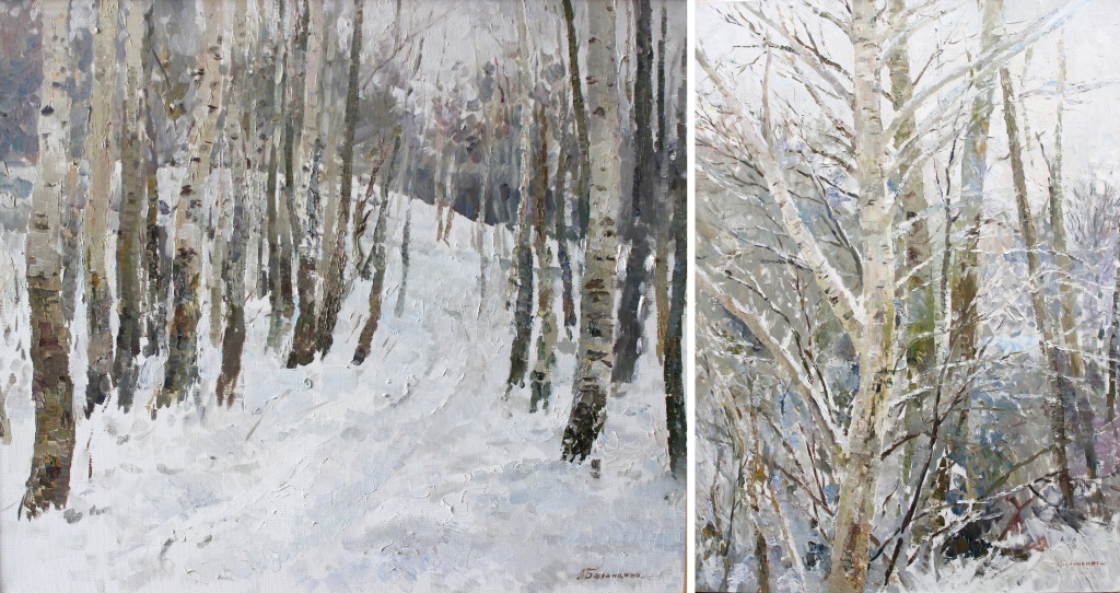 Людмила Баландина. Слева: «Березки» (2022). Справа: «Легкий снежок» (2023). Фото: пресс-служба СПБ СХ.