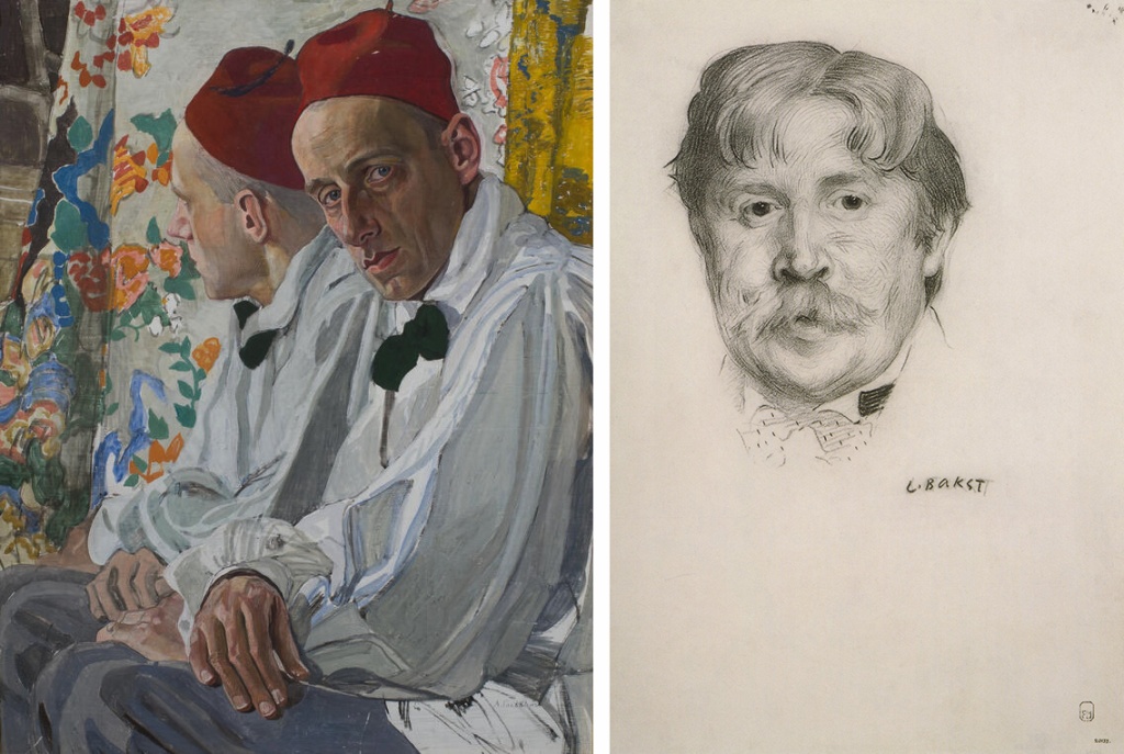 Слева портрет Мейерхольда. Он был написан самим Головиным в 1917 году, в период активной подготовки к премьере спектакля «Маскарад». Фото: Музей театрального и музыкального искусства, theatremuseum.ru. Справа - портрет Головина. Автор: Лев Бакст. Фото: Русский музей, rusmuseumvrm.ru.