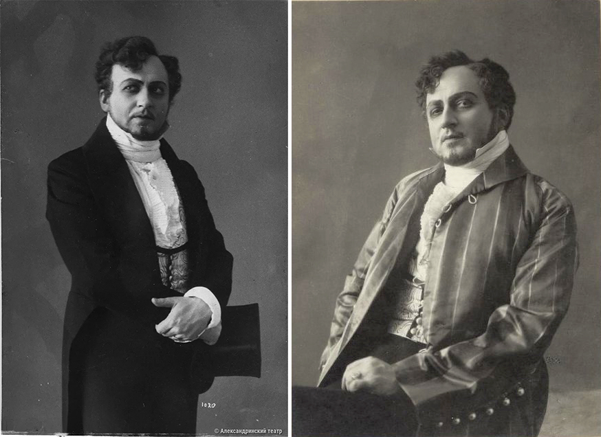 Актер Юрий Михайлович Юрьев в роли главного персонажа Евгения Александровича Арбенина. Спектакль «Маскарад», 1917. Фото справа: Александринский театр, alexandrinsky.ru. Фото слева: музей театрального и музыкального искусства, goskatalog.ru.
