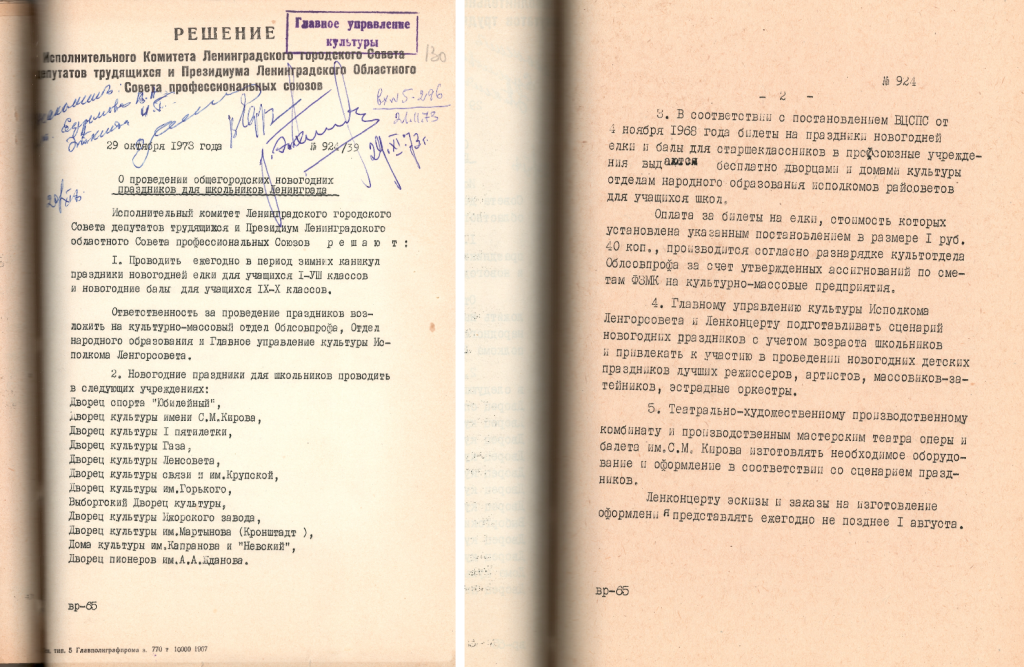 Решение Исполкома Ленгорсовета от 29.10.1973 г. № 924/39 о проведении общегородских новогодних праздников для школьников Ленинграда. Машинописная копия. Првообладатель: ЦГАЛИ СПб, Ф. 118. Оп. 1. Д. 941. Л. 104.