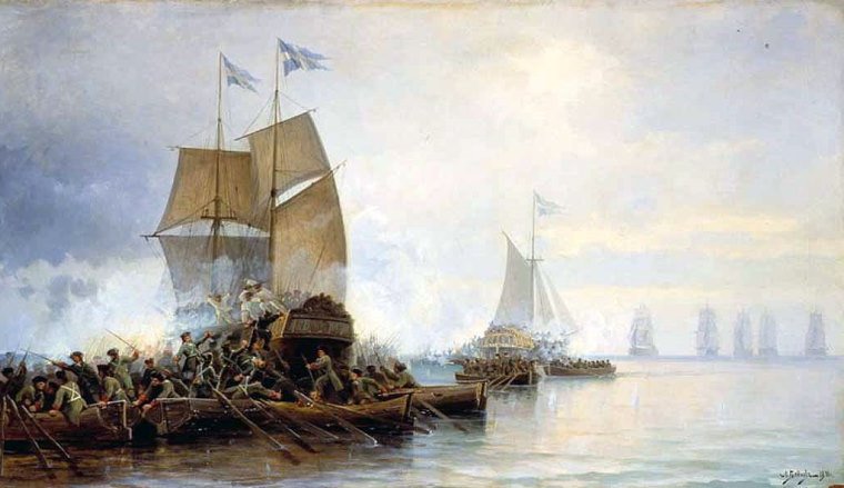 Взятие шведских кораблей в устье Невы. Л.Д. Блинов, 1890 год. Данное изображение было использовано в статье «Астрильд», опубликованной в третьем томе «Военной энциклопедии» (Издательство Ивана Дмитриевича Сытина, 1911). Источник: wiki2.org
