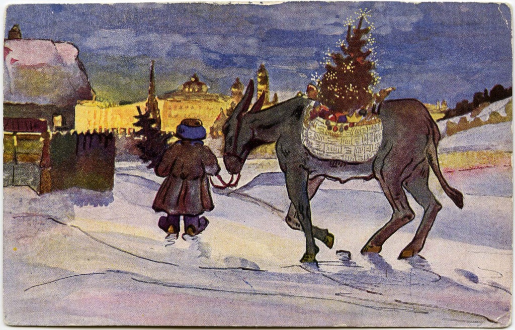 [В город с рождественскими елками] : почтовая карточка. - Москва : изд. А.Н.Г., [между 1914 и 1917] РНБ