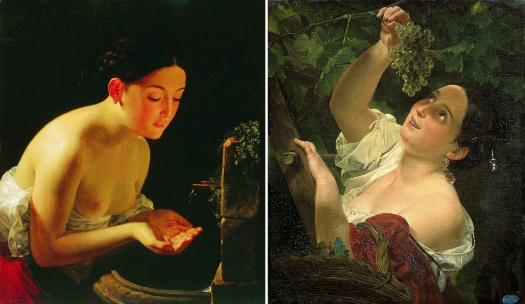 Слева: «Итальянское утро», 1823. Холст, масло. Кунстхалле, Киль, Германия. Справа: «Итальянский полдень (Итальянка, снимающая виноград)», 1827, Государственный Русский музей.