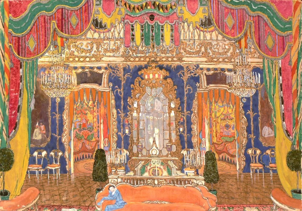 Александр Головин. «Маскарад», Маскарадный зал, 1917 г. Фото: музей имени А. А. Бахрушина, bakhrushinmuseum.ru.