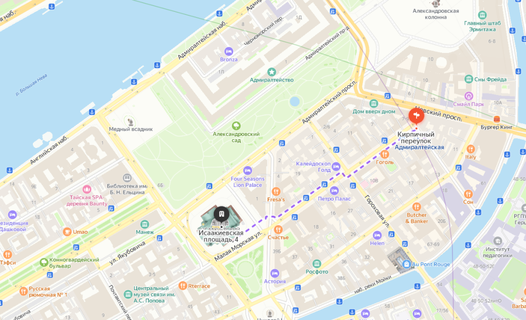 Пешком до Исаакиевского собора от ст.м. Адмиралтейская. Скриншот яндекс карты.