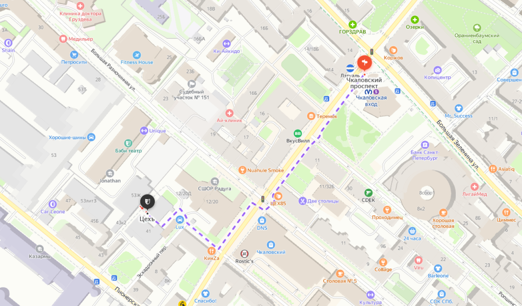 Пешком до театра «ЦЕХЪ» от ст.м. Чкаловская. Скриншот яндекс карты.