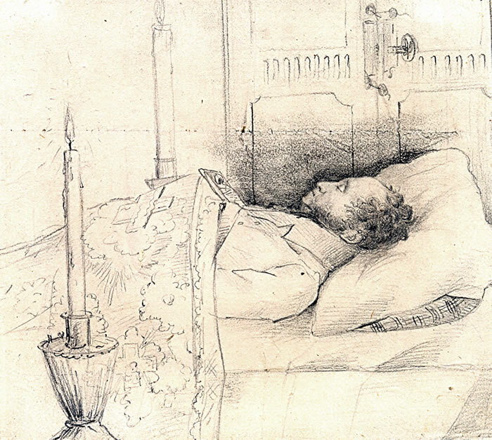Рисунок художника А.Н. Мокрицкого «А.С. Пушкин на смертном одре», 29 января 1837 года. Из фондов Всероссийского музея А.С. Пушкина. Источник: museumpushkin.ru. Правообладатель: museumpushkin.ru. Рисунок художника А.Н. Мокрицкого «А.С. Пушкин на смертном одре», 29 января 1837 года. Из фондов Всероссийского музея А.С. Пушкина. Источник: museumpushkin.ru. Правообладатель: museumpushkin.ru.