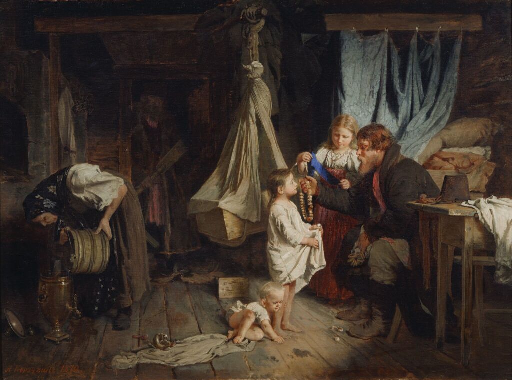 Картина Алексея Корзухина «Возвращение из города» (1870) изображает бедный крестьянский быт, где глава семейства вернулся из города с покупками для семьи и гостинцами для детей. Правообладатель: Третьяковская галерея.